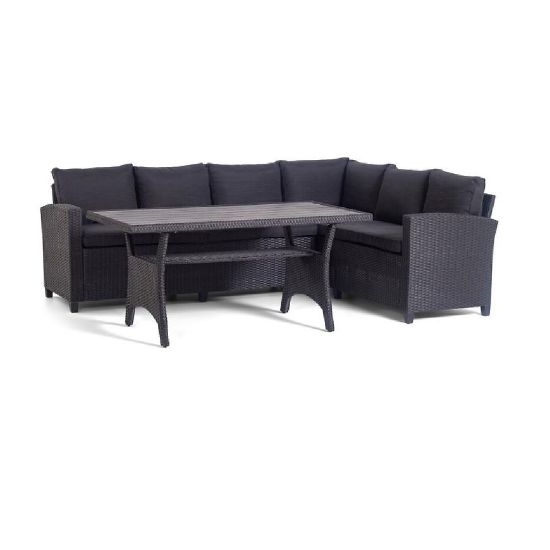 Stanso juoda technorotango kampinė sofa su aukštu valgomojo stalu paveikslėlis