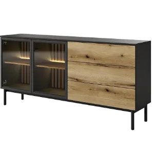 Paveikslėlis Komoda Lang D 180 2D3S + LED juoda / ąžuolas evoke